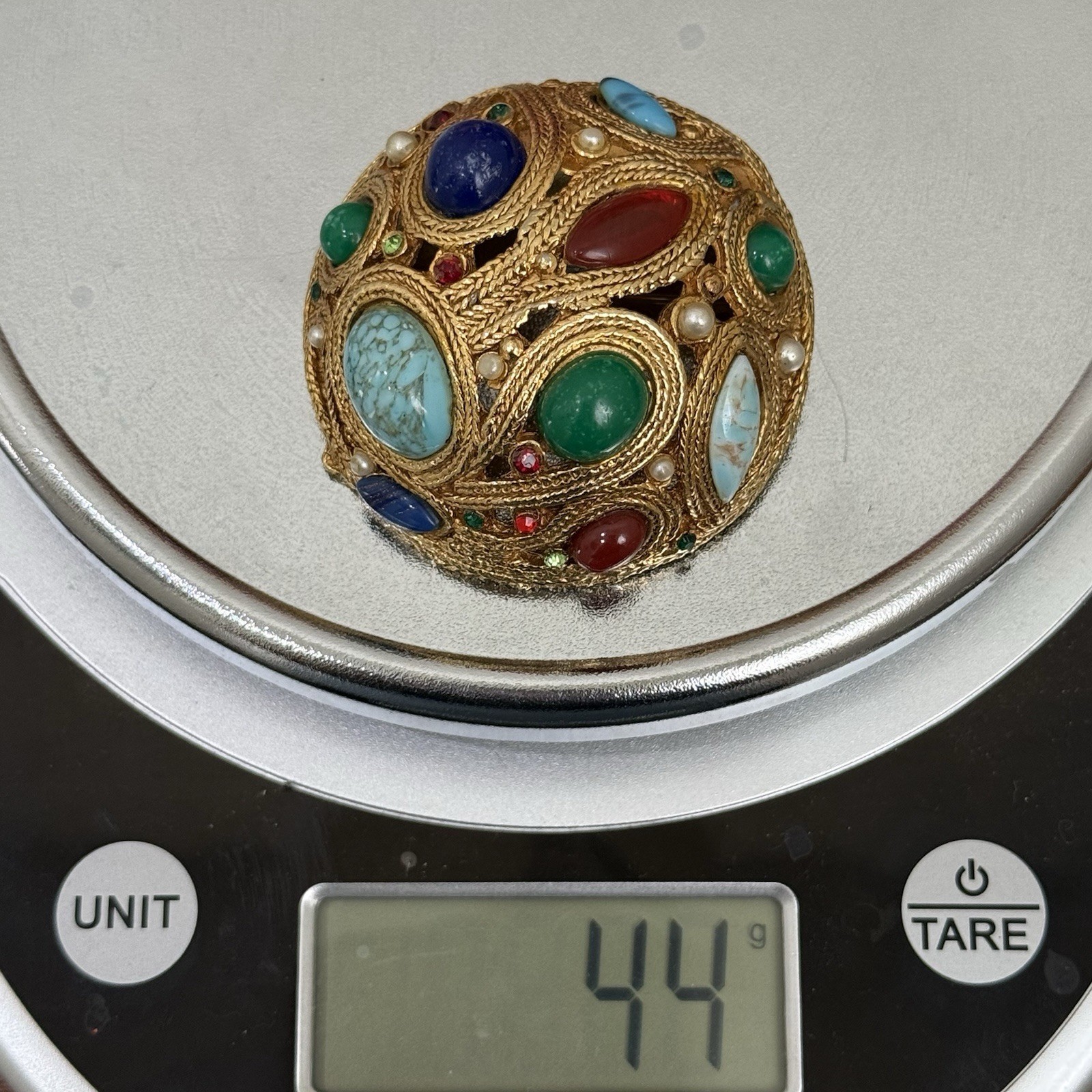 Vintage La Roca Style Multicolor Bejeweled Gemstones Gold-tone Dome Brooch 44g.