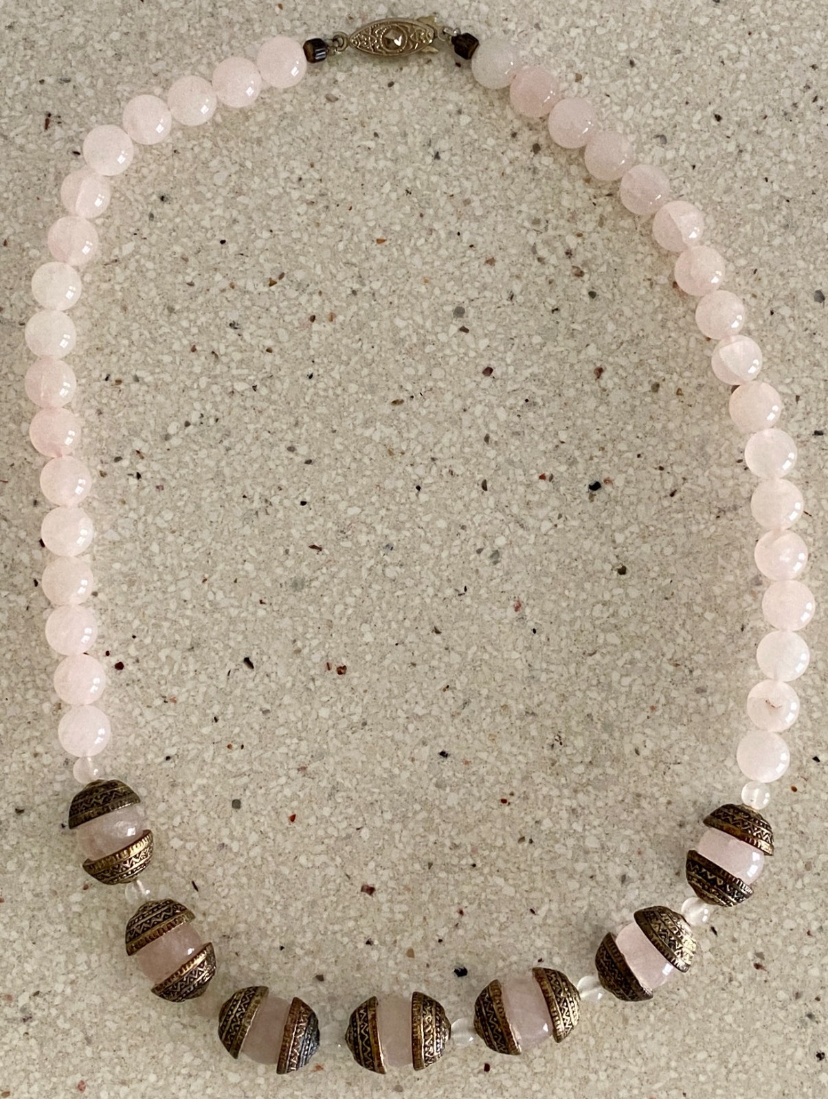 Vintage Estate Rose Quartz Beaded Necklace with Detailed Bronze Tone Spacers