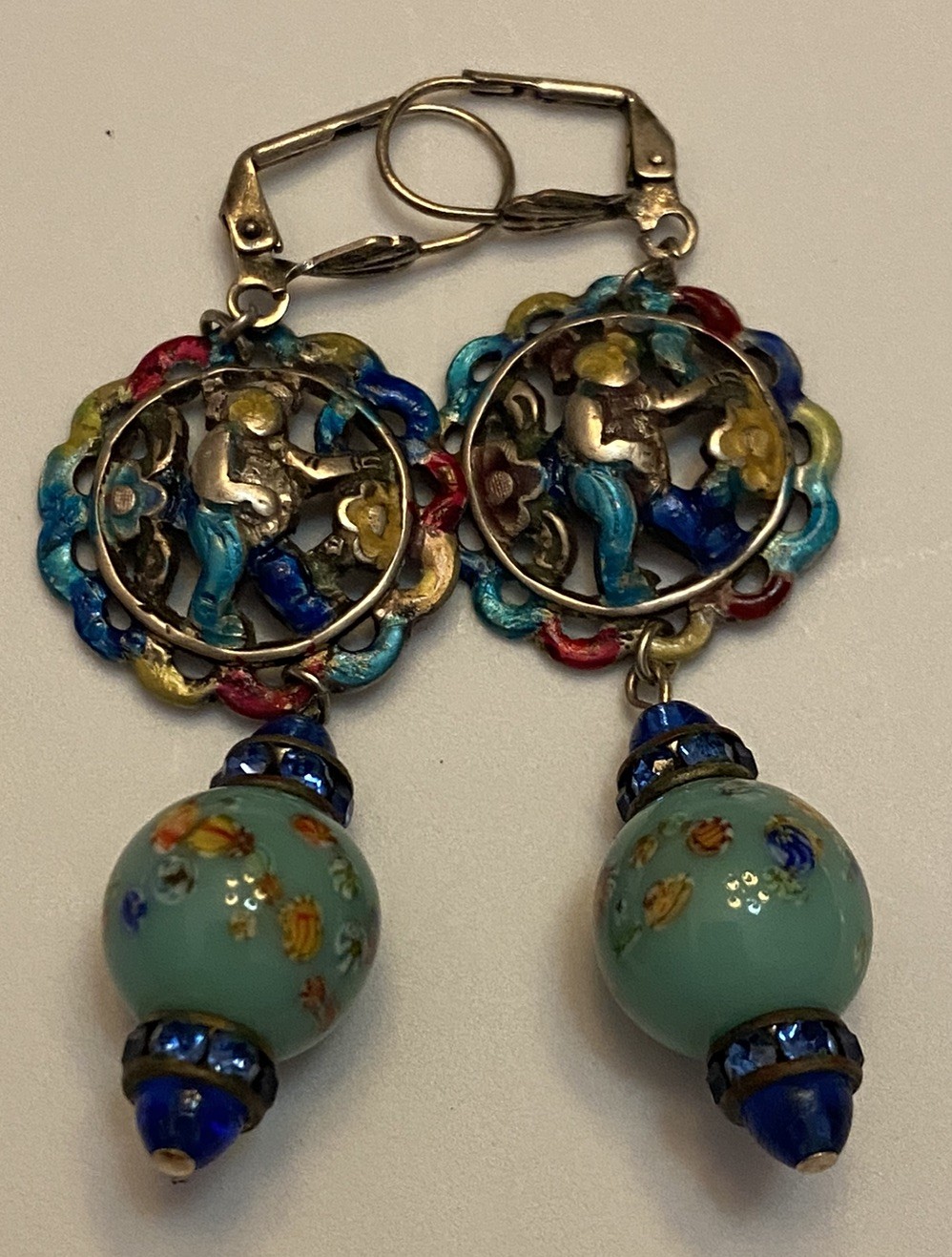 Vintage Asian Themed Colorful Ronde Bosse Enamel Art Glass Rhinestone Earrings