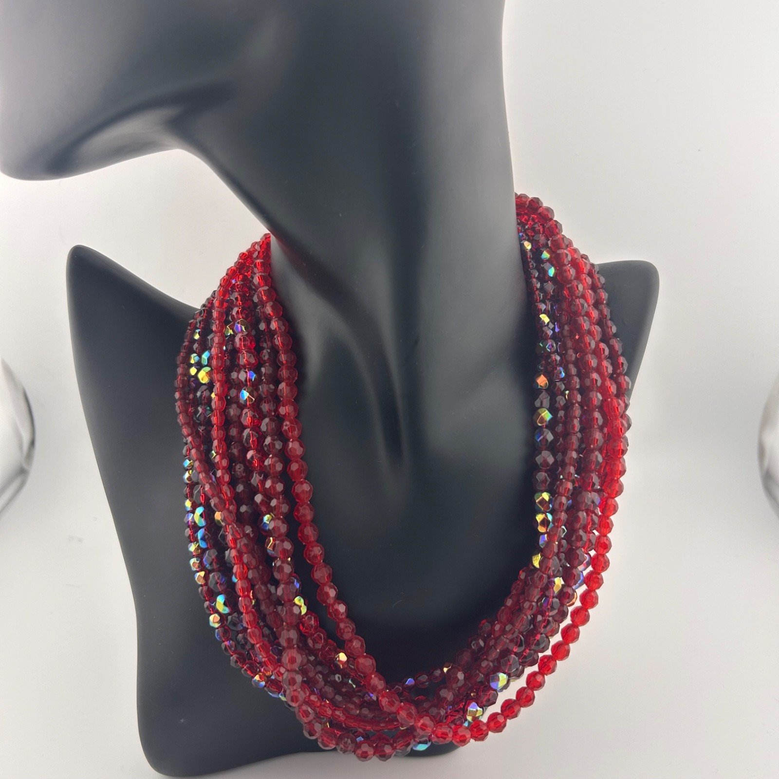 Vintage iridescent and solid red burgundy ruby 9 strand necklace