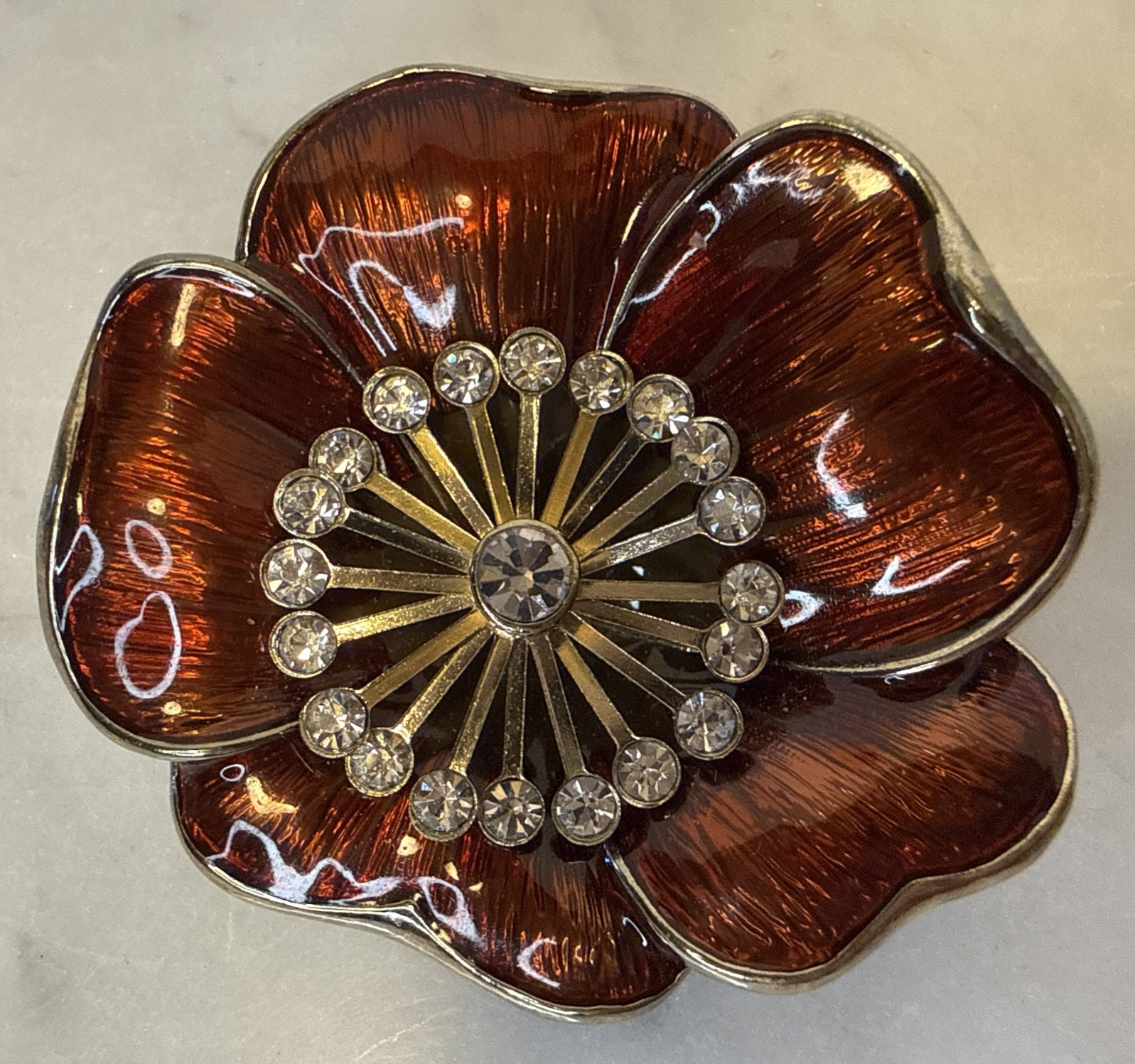 Vintage Poppy Flower Brooch Pin Enamel With Rhinestone Center 2 Inches