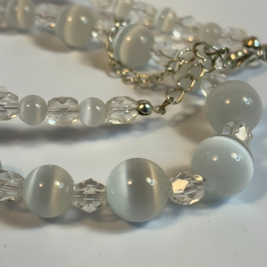 Vintage Necklace White Opalite Semi Precious Stone Beads Cats Eye Glass Crystal