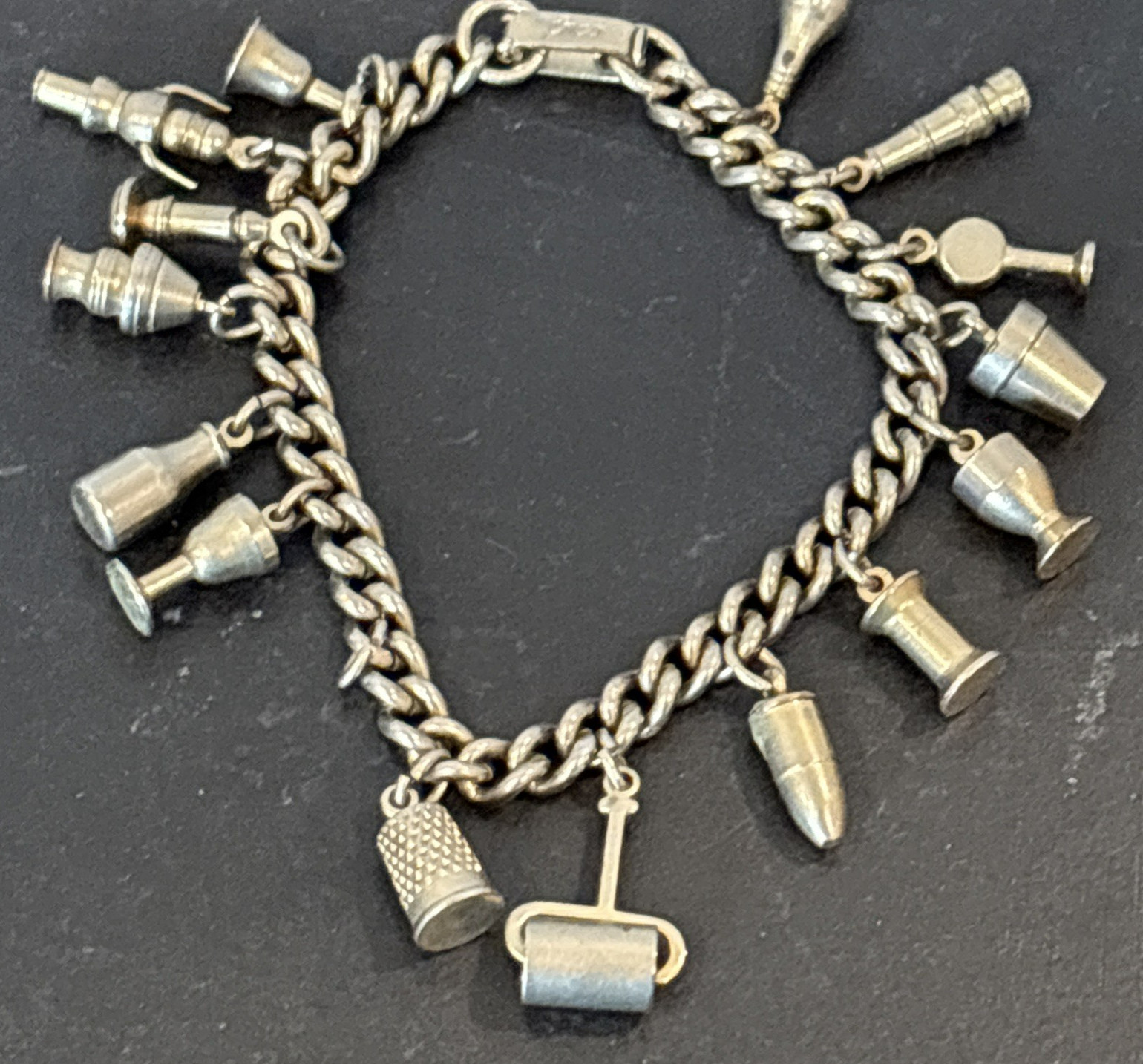 Vintage Signed Enco Silver Tone 15 Charm 6 3/4″ Bracelet Costume Jewelry 1960s