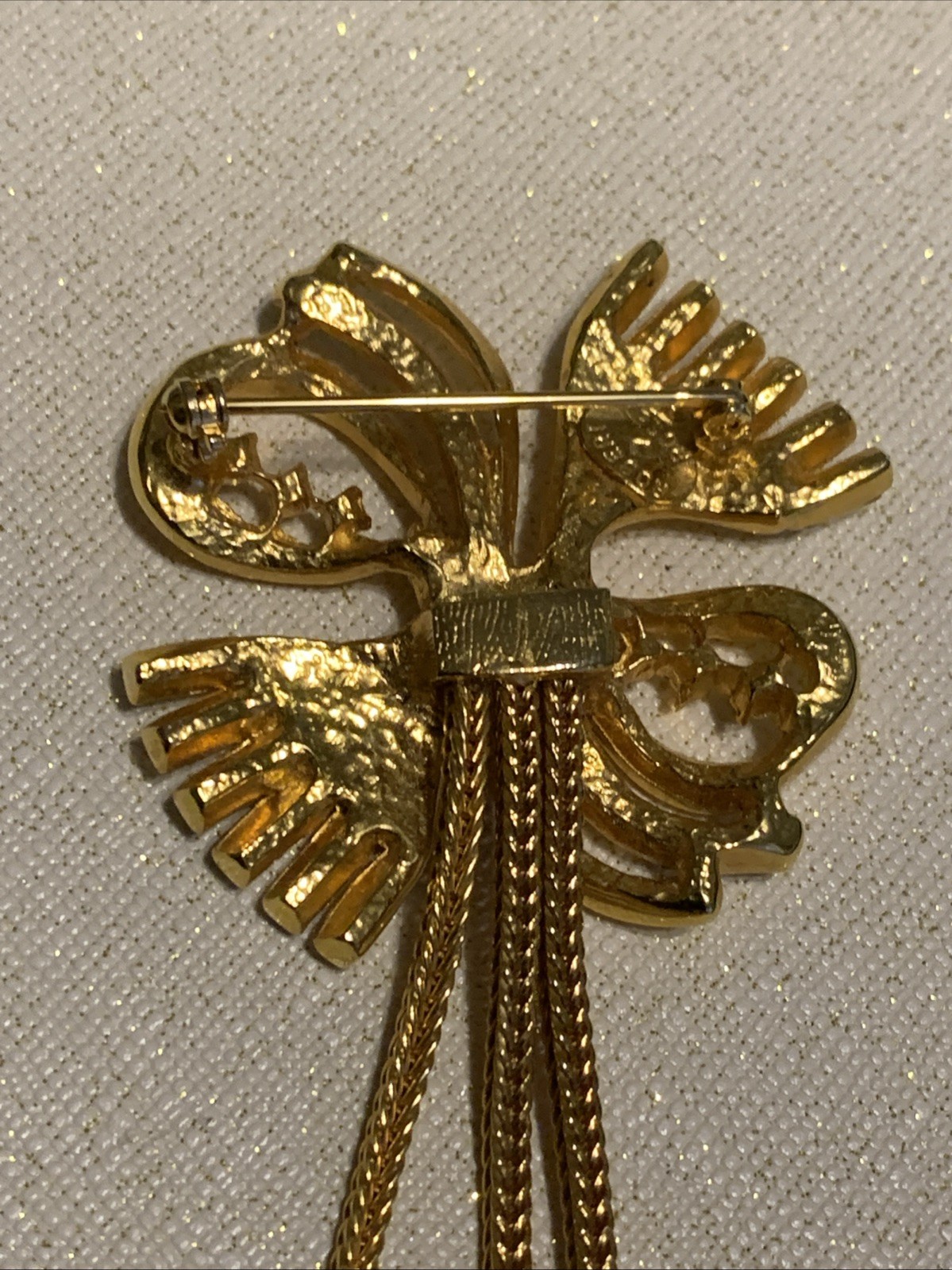COCO VTG_Robert Rose Bow 4” Brooch Dangle Tassels Clear Rhinestones Baguettes