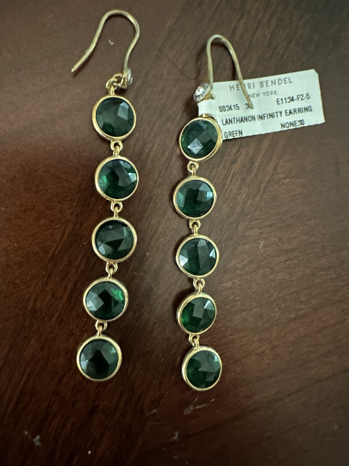Stunning Lanthanon Green Crystal Gold Henri Bendel Vintage Dangling Earrings NWT