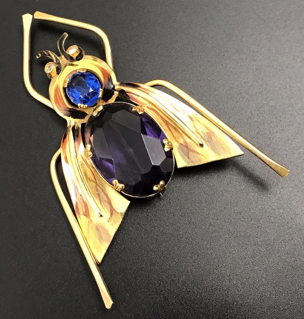 VTG Coro Sterling Silver Purple & Blue Crystals Enamel Fly Insect Brooch Pin #46