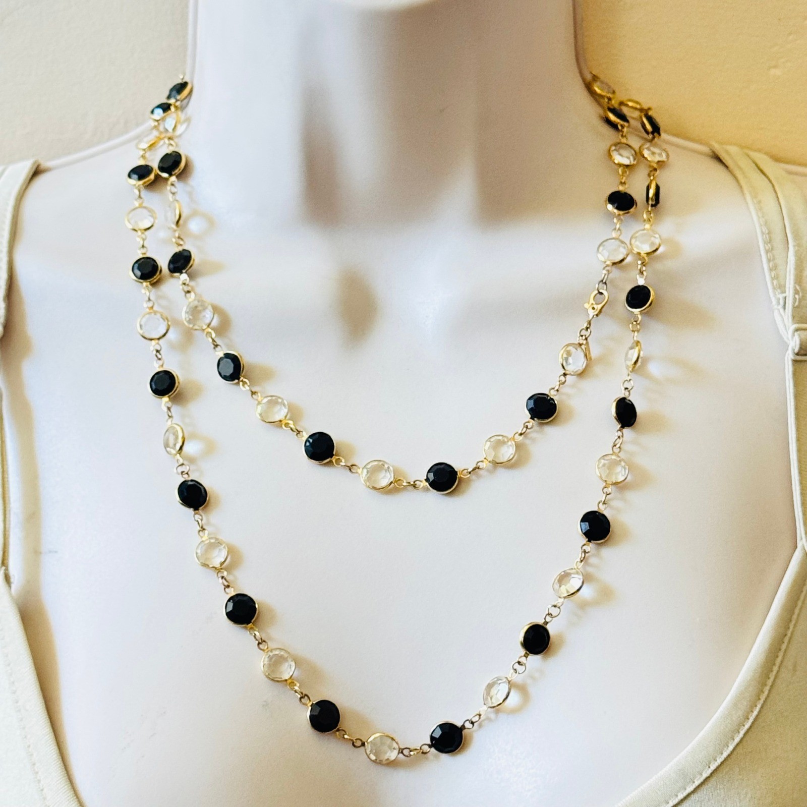 VTG Monet Open Bezel Crystal Necklace Gold Plated Strand Elegant Black Clear 43″
