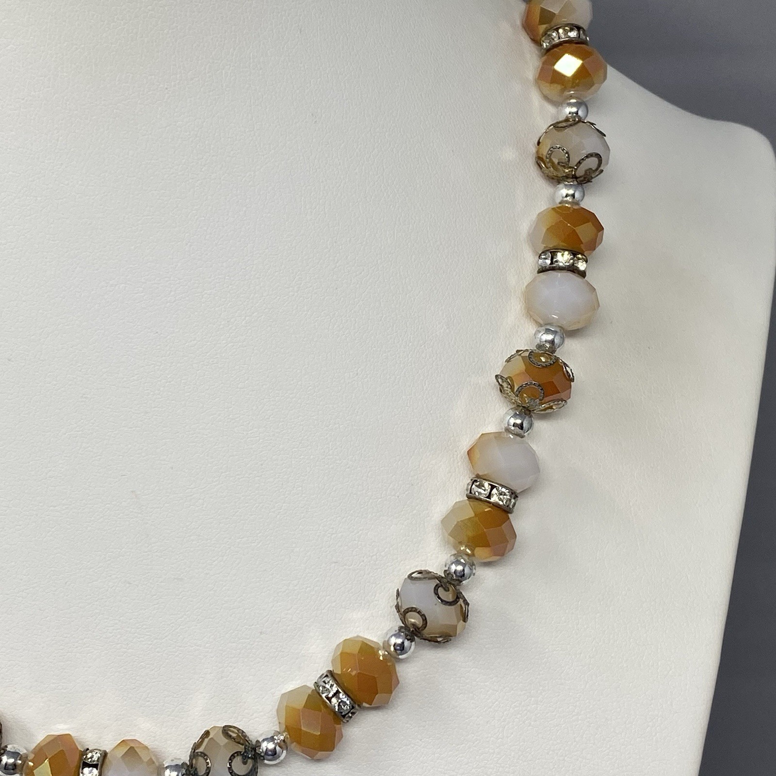 Glass Beaded Necklace White Orange Faceted Fire Polished Metal Caps Collar 21″