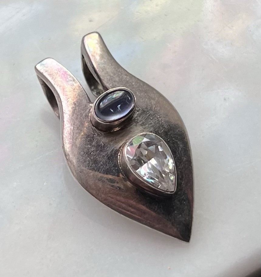 Vintage Pale Blue Topaz & White Topaz Modernist Sterling Silver Necklace Pendant