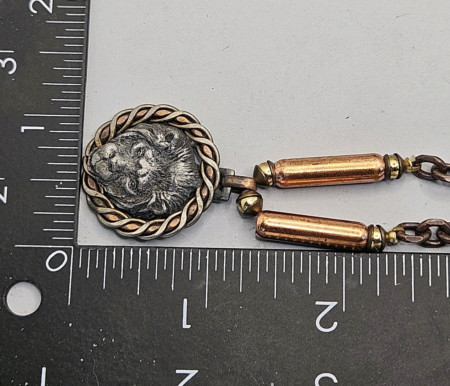 Vintage Lion Head Pendant Necklace Mixed Metal Pewter Copper Bronze Tone Chain