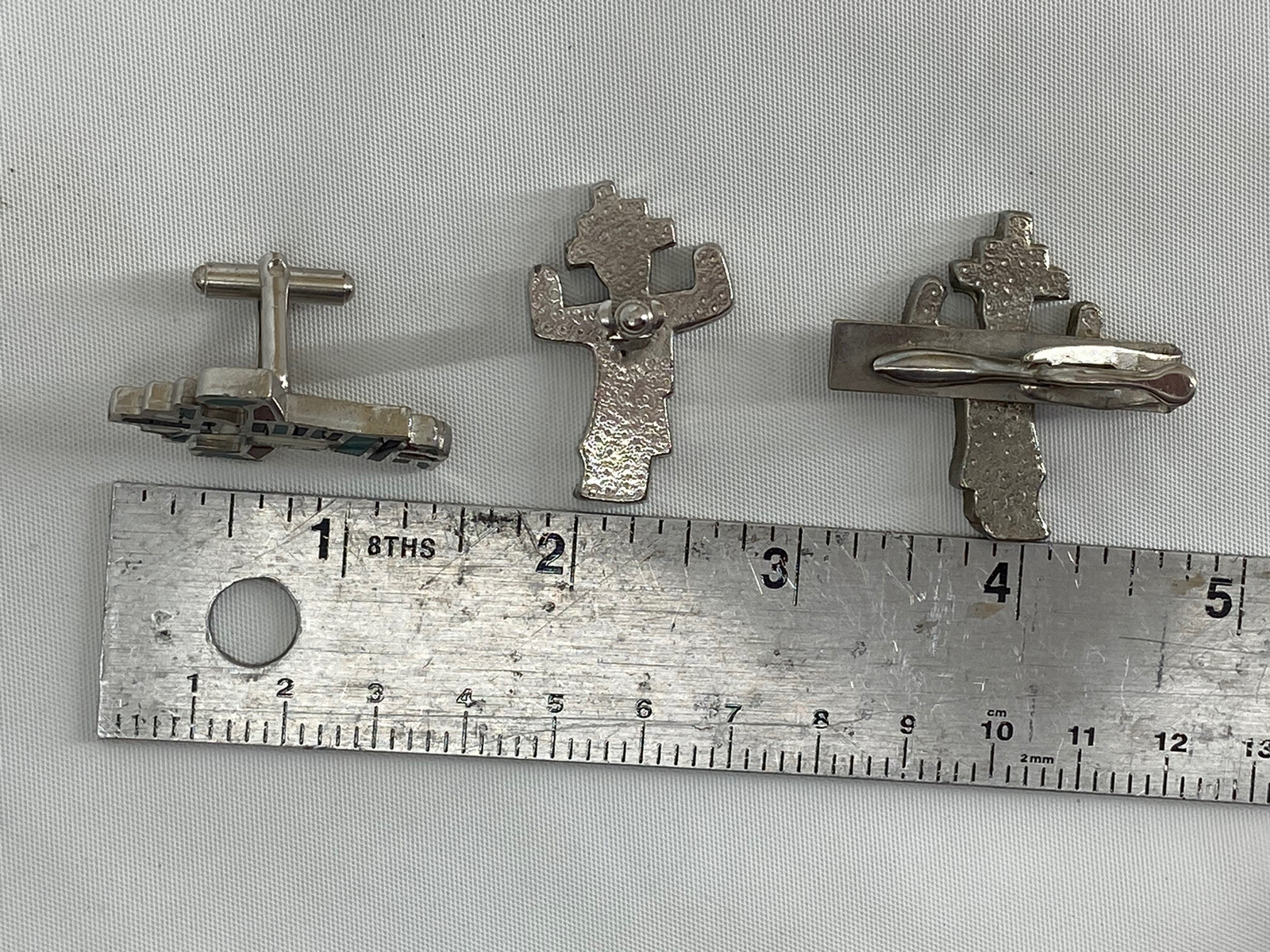 Vintage Zuni Kachina Dancer Cuff Links Tie Clip Inlaid Stones Silver Tone Set