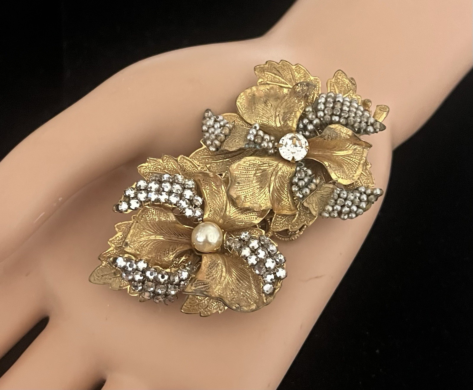 Miriam Haskell Signed Faux Pearl & Rhinestone Vintage Flower Brooch