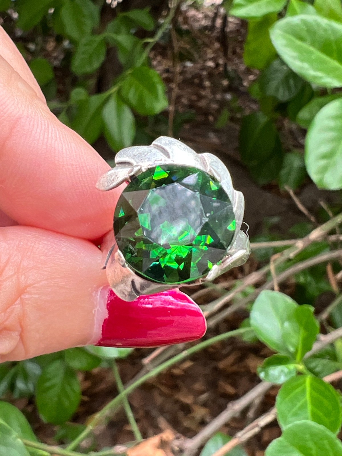 VINTAGE LARGE ROUND GREEN PASTE GLASS RHINESTONE RING 925 STERLING SLVER MEXICO