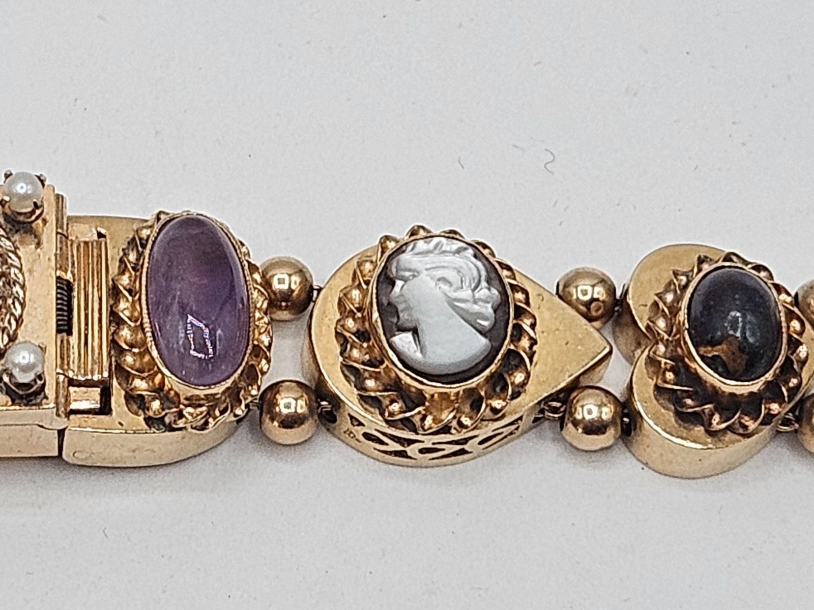 Stunning 14k Yellow Gold Slide Charm Omega Gemstone Bracelet Watch