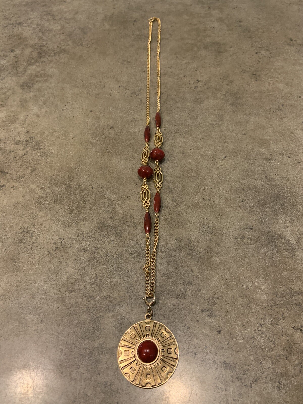 Vintage SARAH COV Gold Tone Medallion Necklace with Brown Acrylic Signed 28”