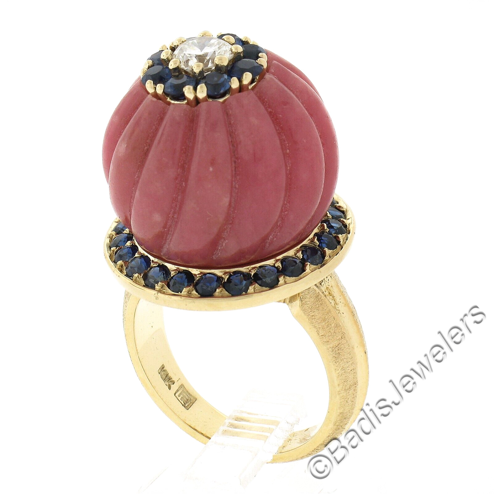 Gold Carved Rose Quartz 1.52ctw Sapphire & Diamond Flower High Profile Ring