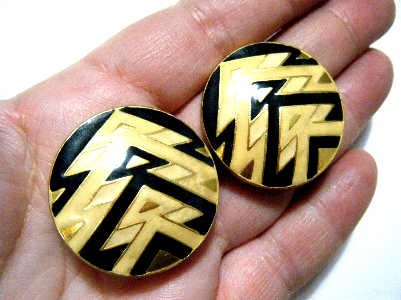 Vintage 80s Retro Orena Paris Gold ClipOn Large Button Earrings Geometric Enamel