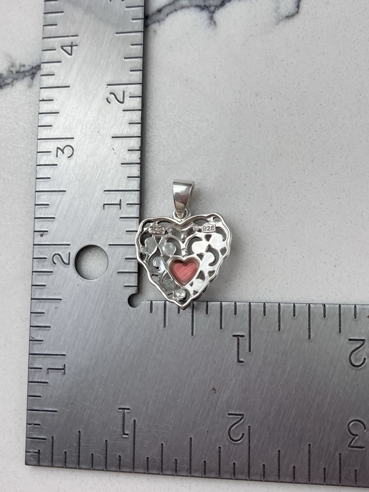 Vintage 925 Sterling Silver Deco Marcasite Pink Coral Heart Pendant