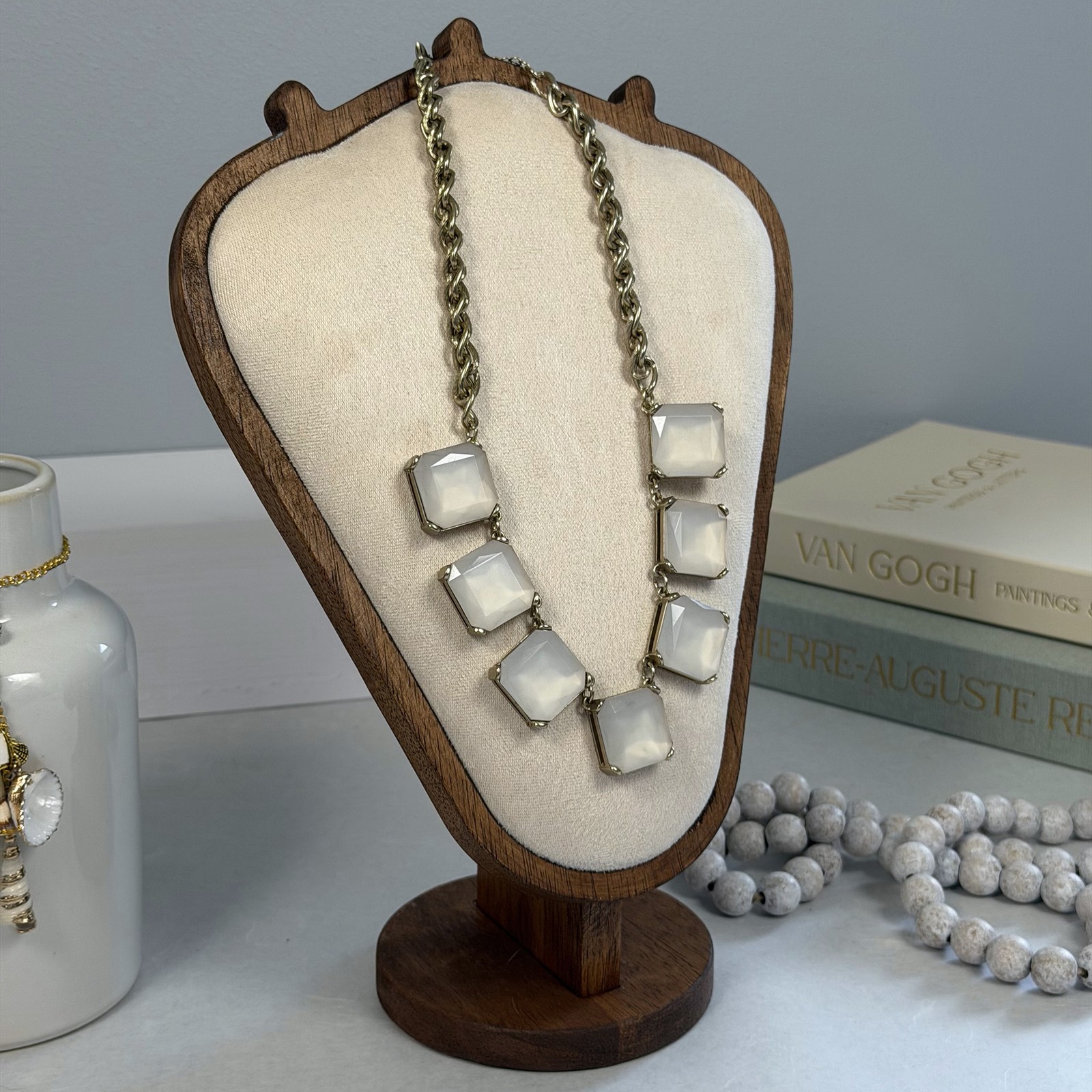 Loft White Acrylic Statement Necklace Faceted Square Bezel-Set Gems VTG 2000s