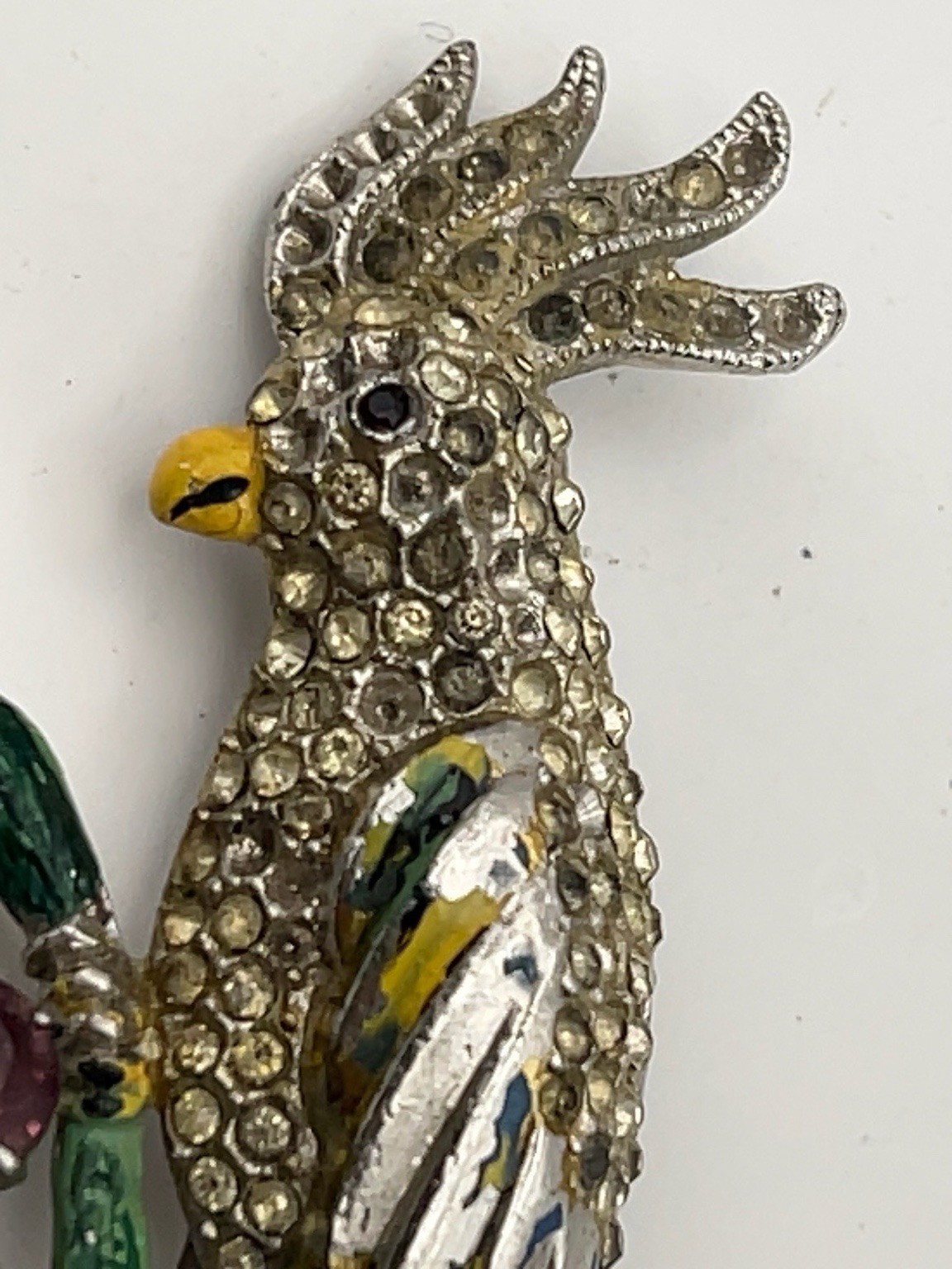 Vntg 3.5” Cockatoo Bird Brooch Pink Rhinestones Enamel Pin Unsigned Coro Read