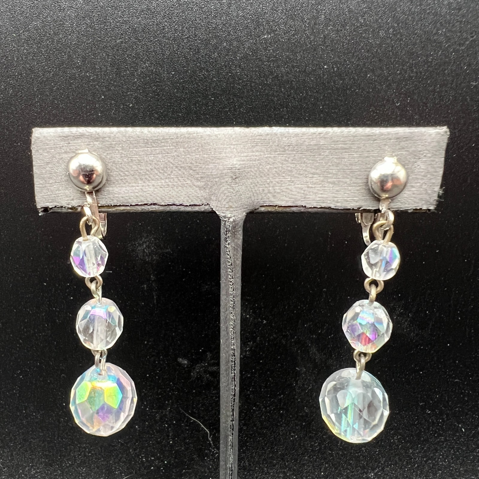 Vintage AB Clip On Earrings Faceted Crystal Dangle Drop Old Money Classic