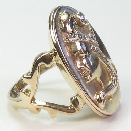 Art Nouveau 1900’s Diamond 13K/10K Yellow Ring Size 4.25 UK-H1/2 .876″x.653″