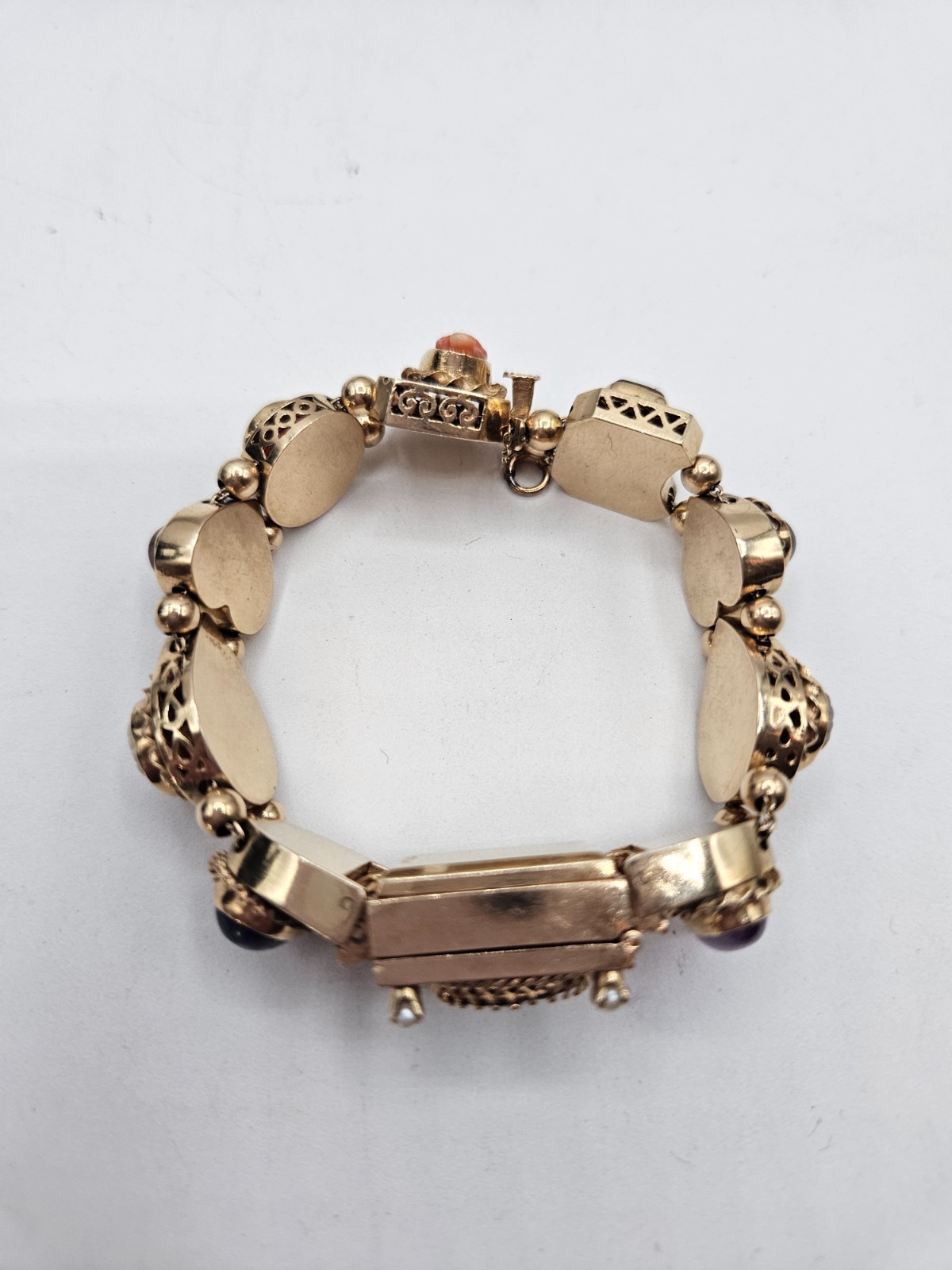 Stunning 14k Yellow Gold Slide Charm Omega Gemstone Bracelet Watch
