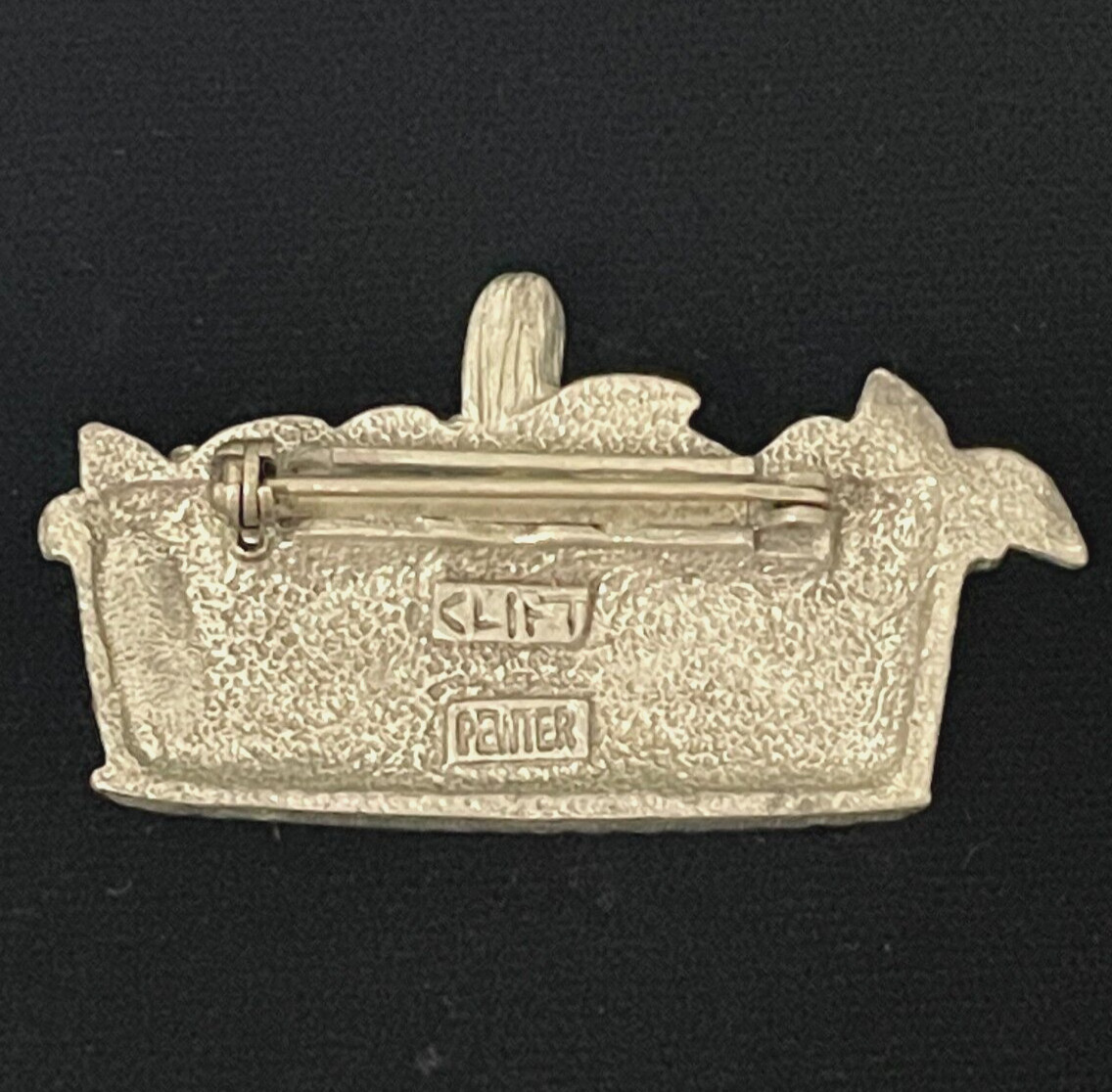 VTG Flower Brooch Pewter Picnic Basket Signed Clift Pin FREE SHIPPING