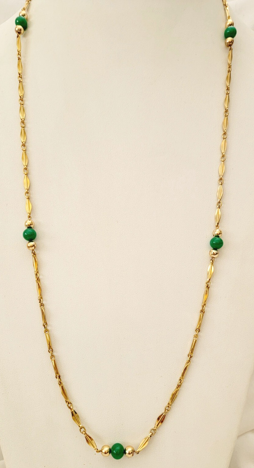 Vintage Green Peking Glass Beads Station Gold Tone Bar Link Chain Necklace 32″ L