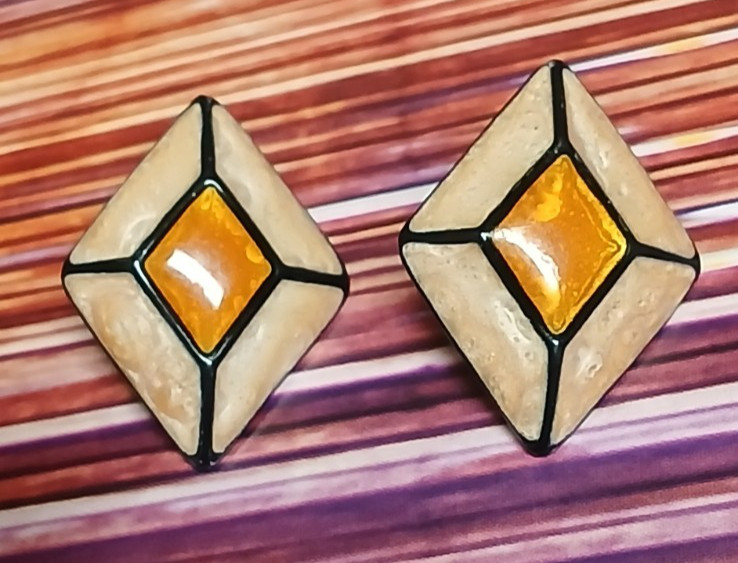 Geometric Diamond Shaped Enamel Earrings in Amber and Cream Stain Glass Effect