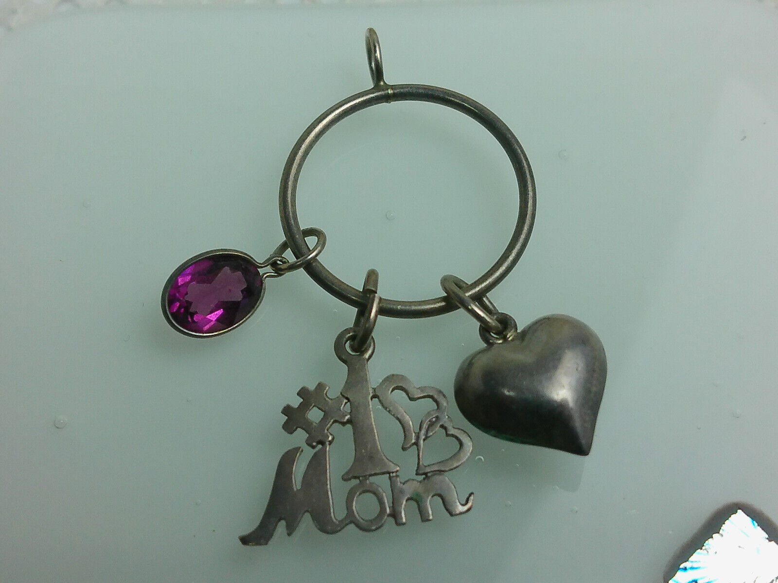 Vtg Sterling Silver #1 Mom Puff Heart Pink Glass Stone Charms Round Holder Lot