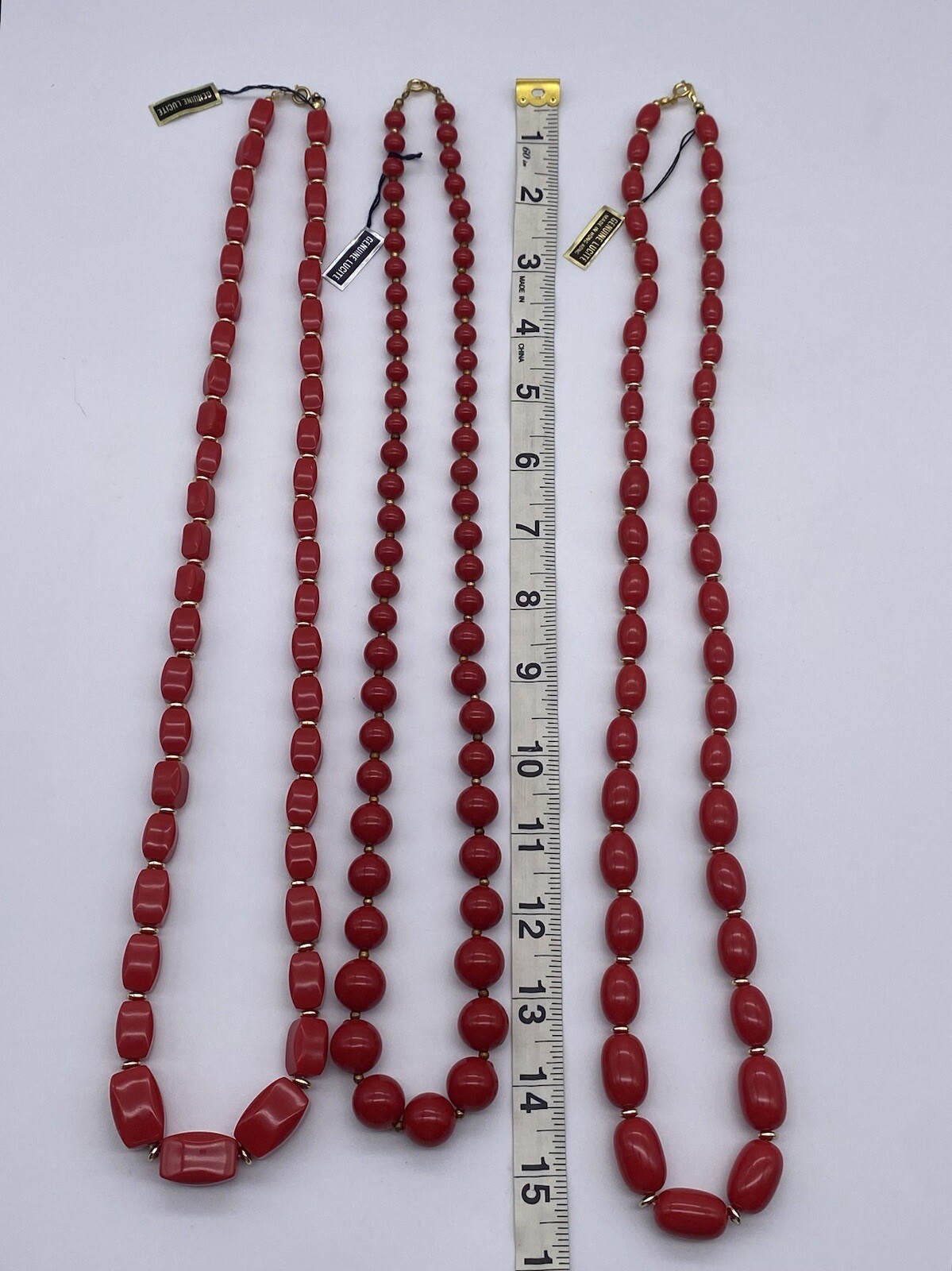 3 Vintage Genuine Lucite Red And Gold Tone Necklaces Made In Hong Kong