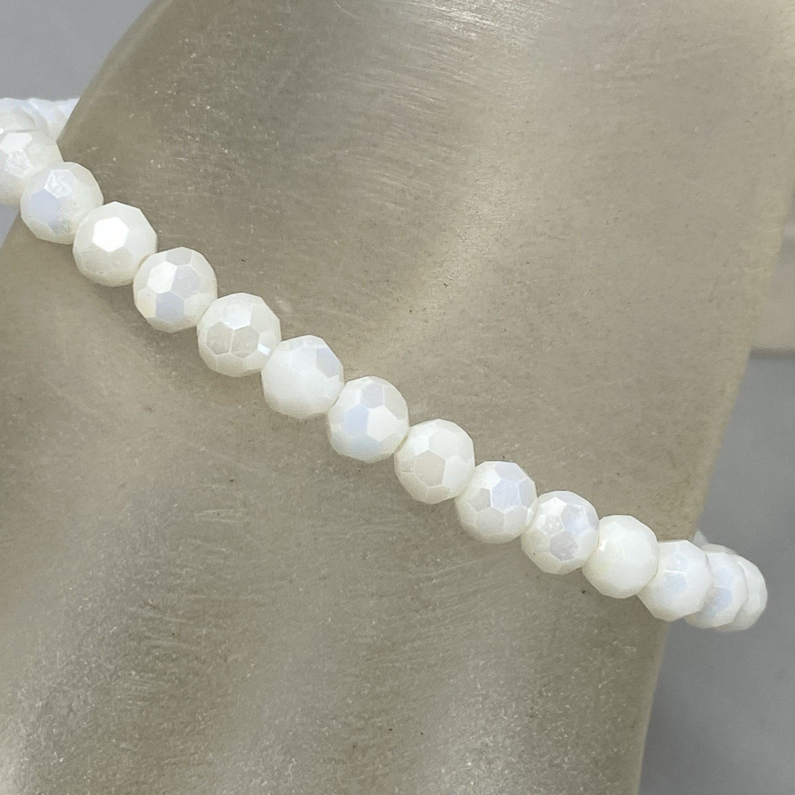 Erimish Bracelet White Faceted Fire Polished Glass Beads Stretch Designer 7″