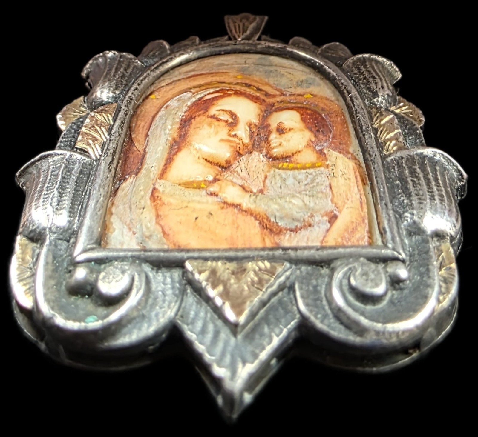 Fine Antique Art Nouveau Silver Gold Madonna Virgin Mary and Jesus Pendant C1900