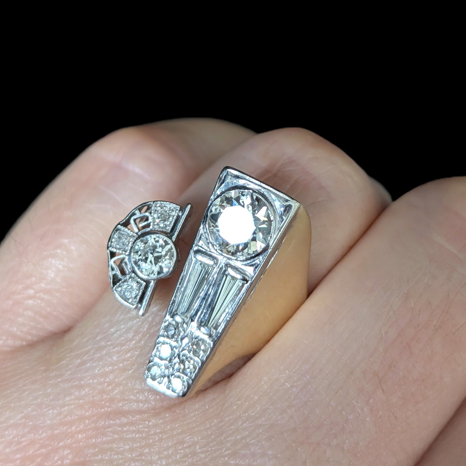 1940s Old European Cut Diamonds 14k Gold Platinum Cocktail Ring Vintage Retro