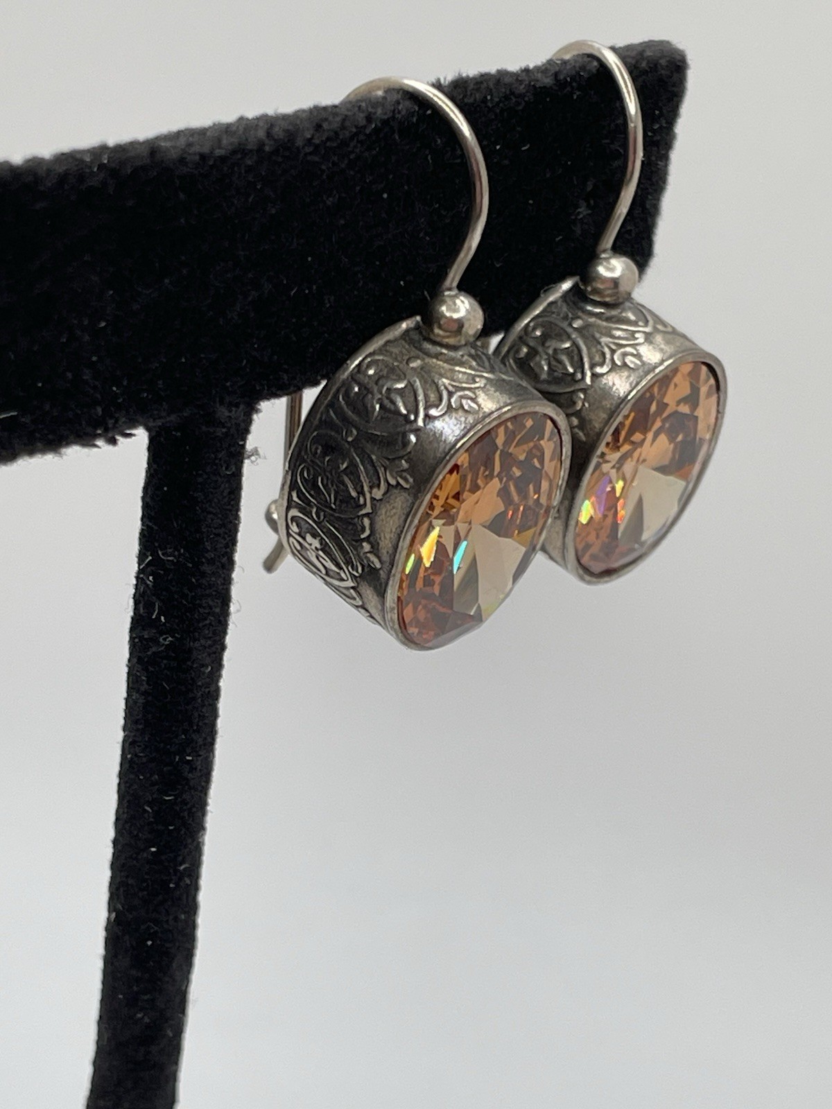 Vintage 925 Sterling Silver Dangle Drop Earrings Faceted Brownish Set Repousse