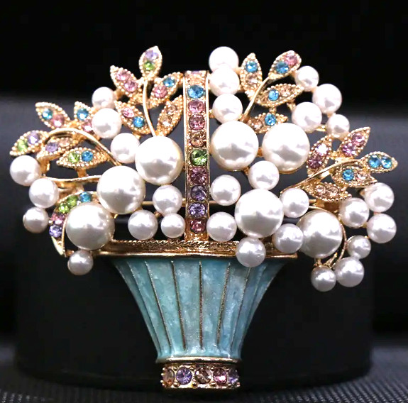 BROOCH-Glazed Pearl Flower Brooch, Fashion Flower Basket Potted Plant