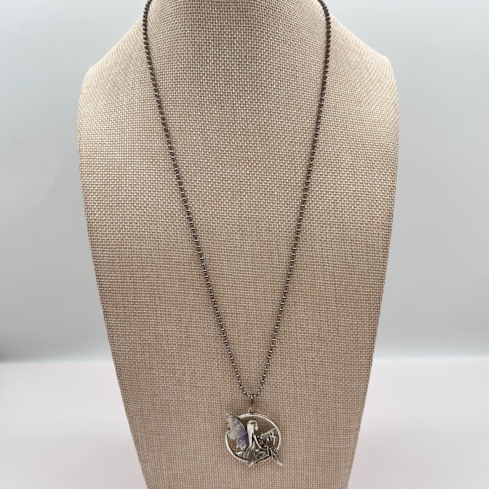 Vintage 90s Silver Tone Enamel Fairy Pendant Necklace Ball Chain Boho Jewelry