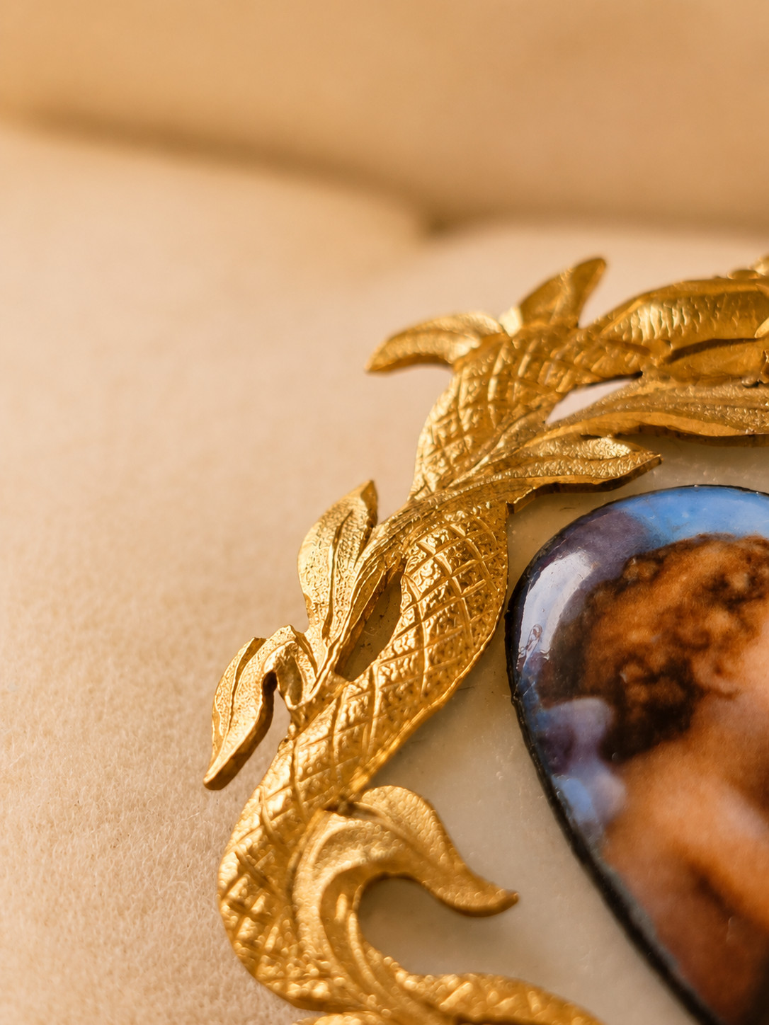 Antique 18K Gold Heart Brooch Angel Cherubs Pearl Enamel Mother of Pearl c1900