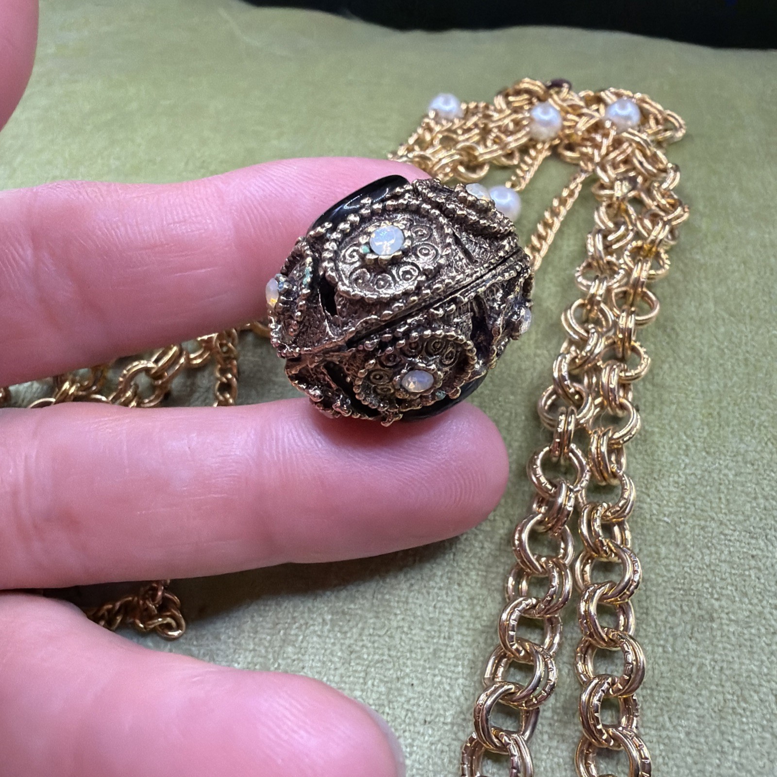Victorian Revival Black Onyx Cabochon Pearl Station Pendant Necklace Long