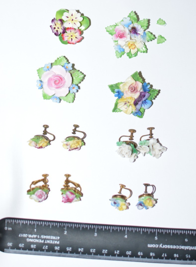 Vintage lot Denton and Staffordshire England Bone China brooches/earrings, as is