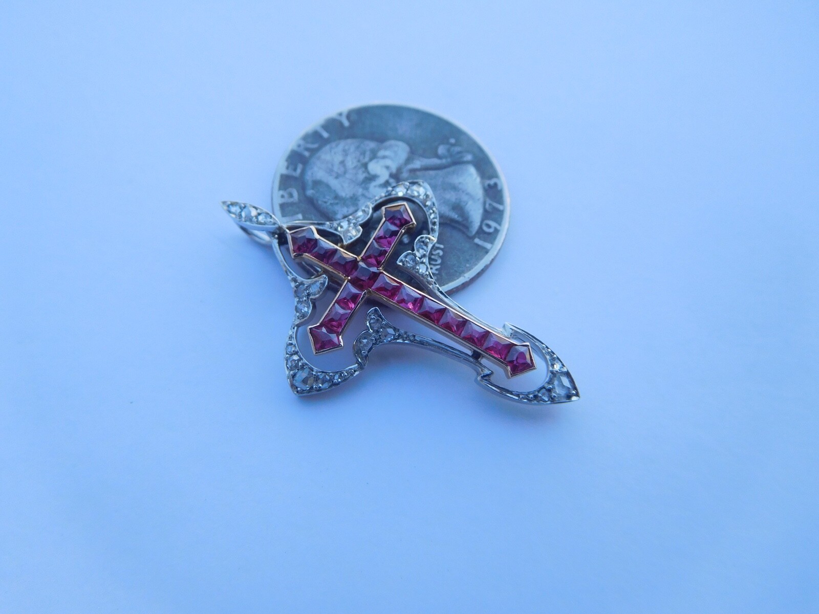 Belle Époque Art Nouveau 18K Rose Gold Platinum Diamonds Rubies Cross Pendant 🥀