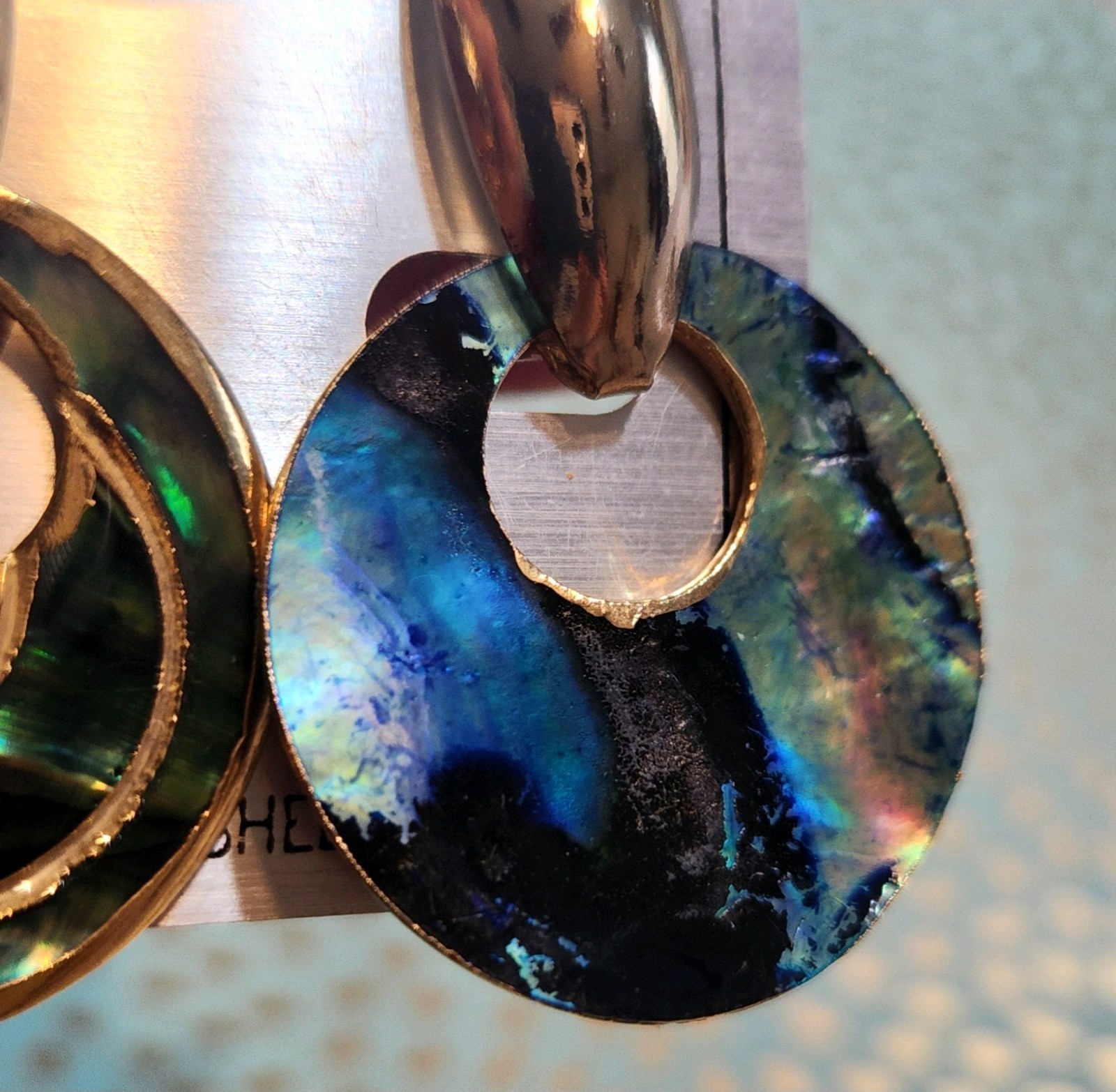VTG NOS!! Peacock Paua Shell Doornocker Goldtone 2 In 1 Earrings