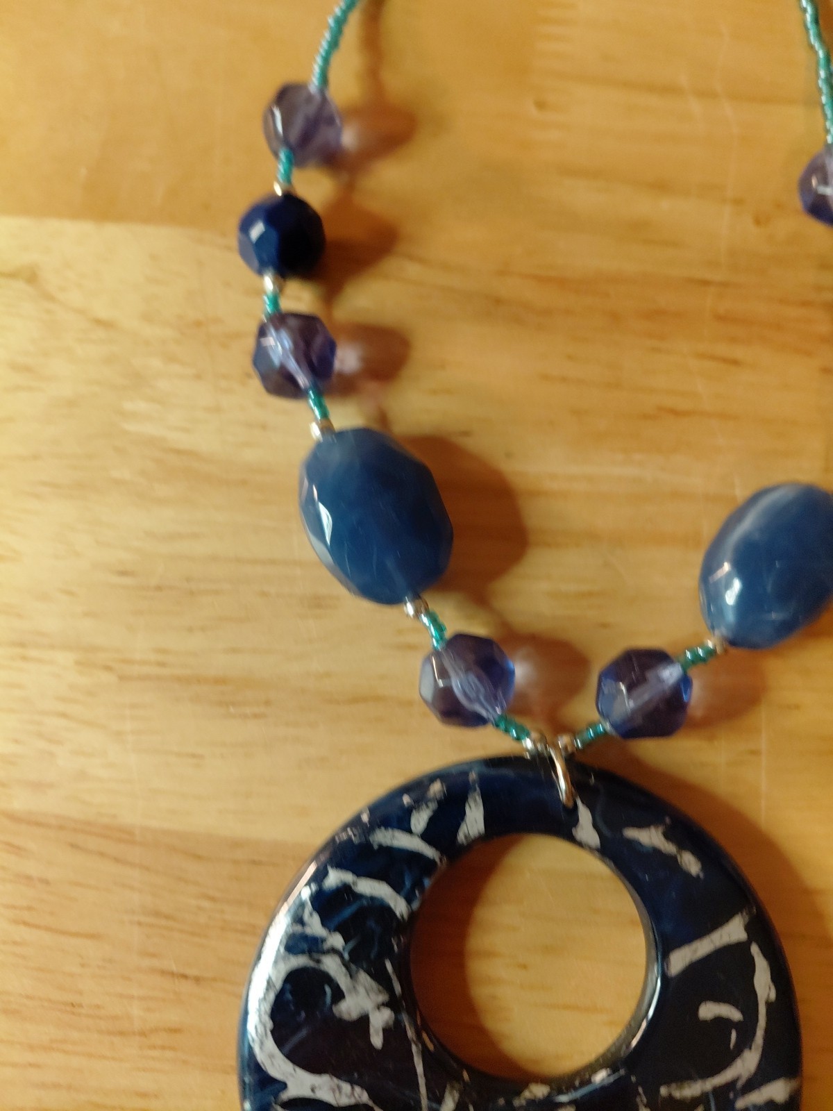 Blue Acrylic & Glass Bead Pendant Necklace – Handbeaded – 15″