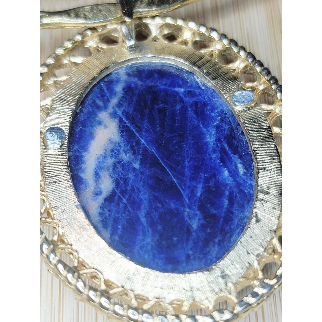 Vintage Sodalite Collar Necklace Gold Tone Statement Pendant Blue Stone Bib