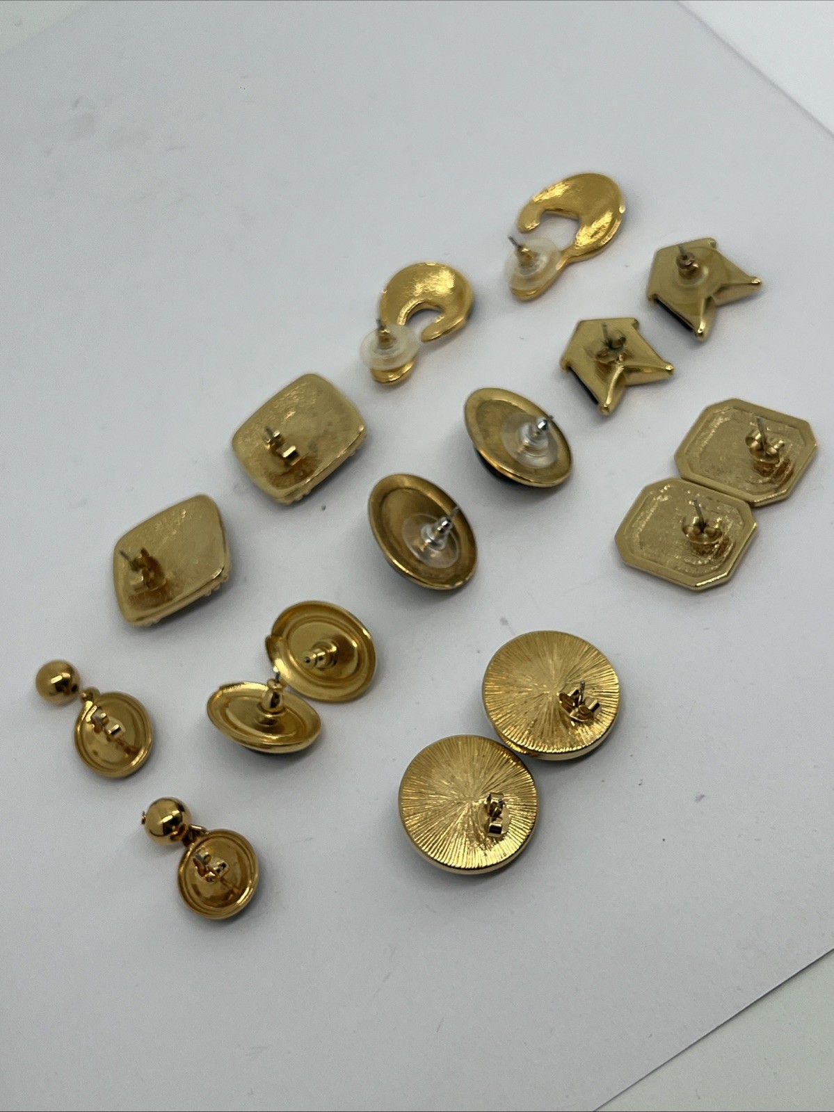 8 Vintage Goldtone Black Enamel Green Pierced Earrings Monet Trifari Avon