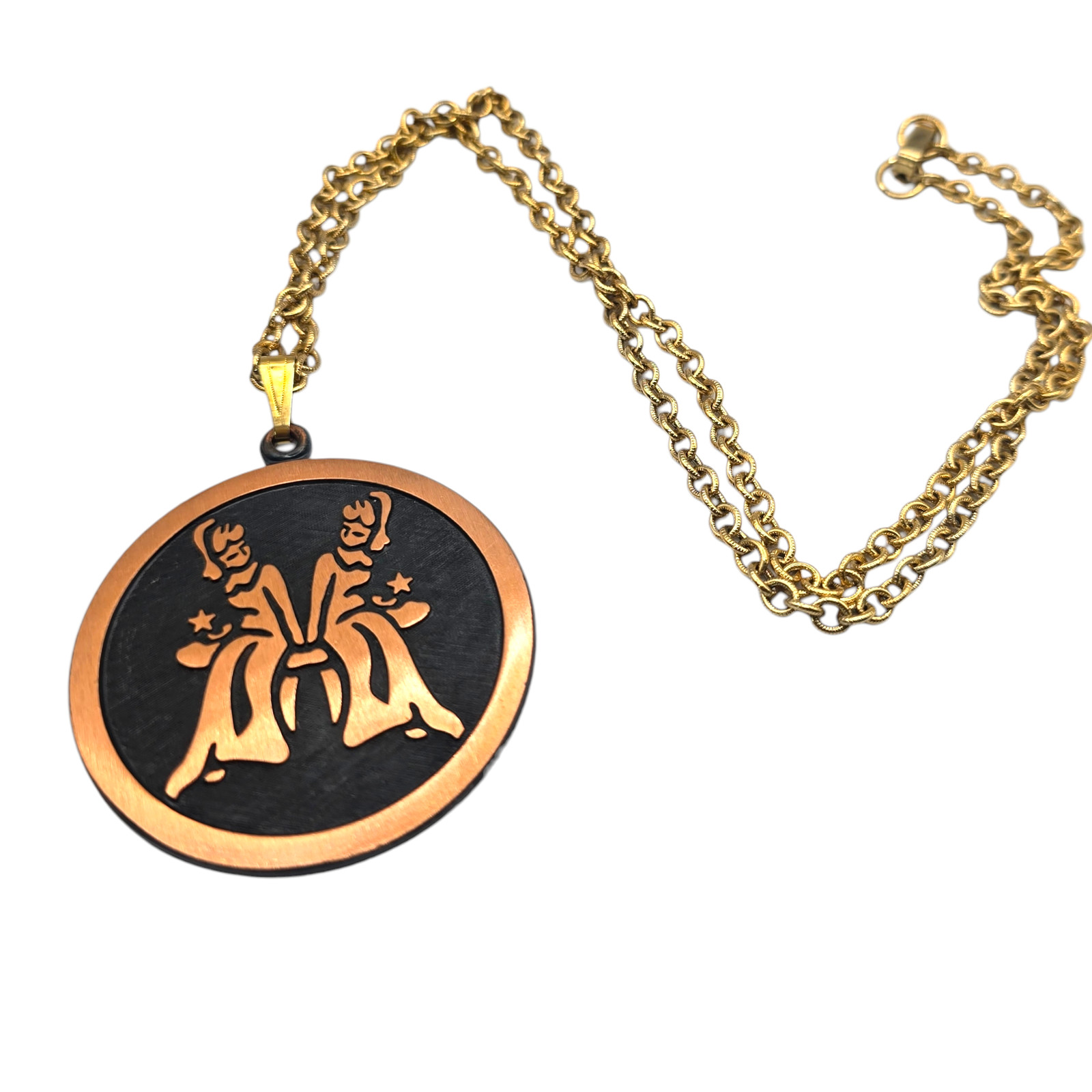 Necklace Vintage Coppercraft Guild Gemini Pendant Copper Gold Tone 24″ SKU 2887