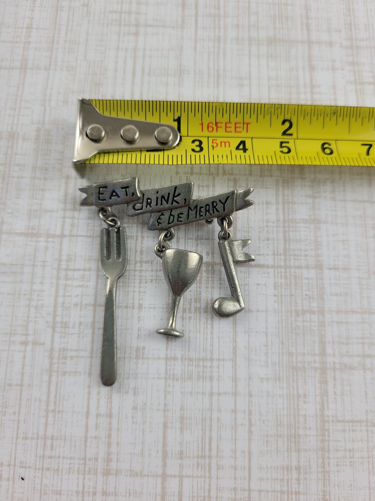 Vintage Tiny Clift Pewter Brooch Eat Drink & Be Merry Fork Wine Glass Music Note