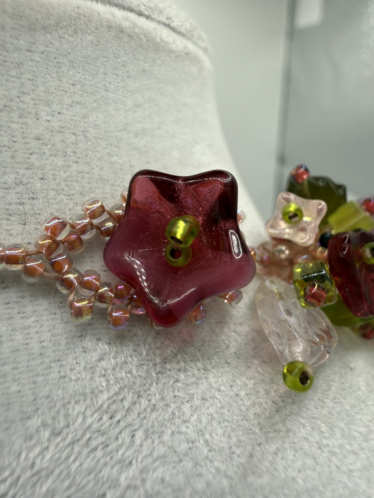 Cottagecore Glass Bead Cluster Necklace Pink Green Floral Leaf Fairycore