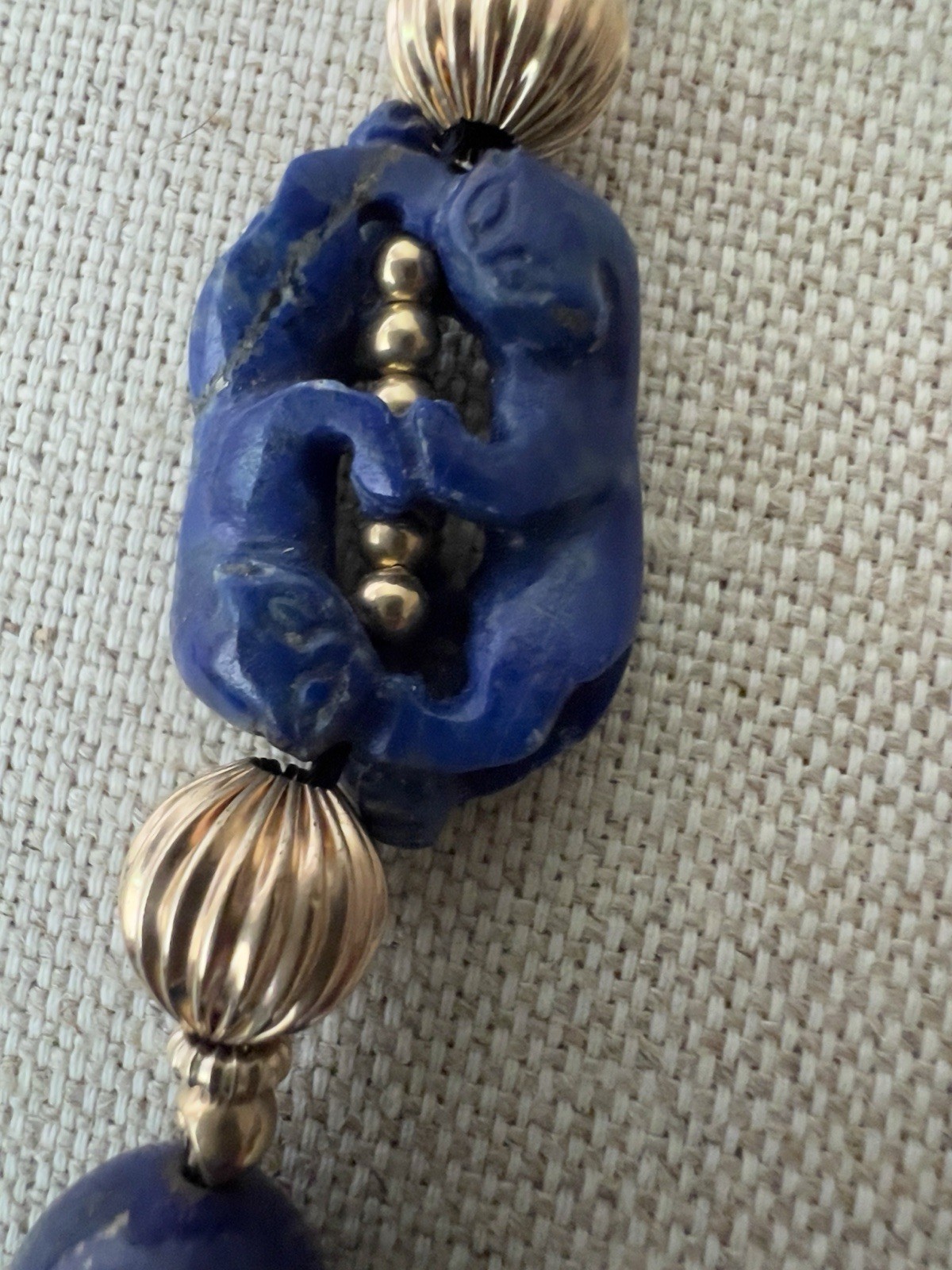 Vintage Lapis Lazuli and 14K Beads Hand Knotted 30” Necklace With Figural Beads